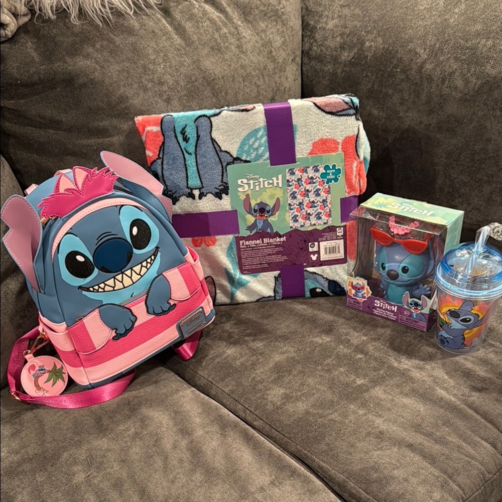Stitch Loungefly Set with Glow in Dark Backpack, Blanket, Disney Figure, and Cup